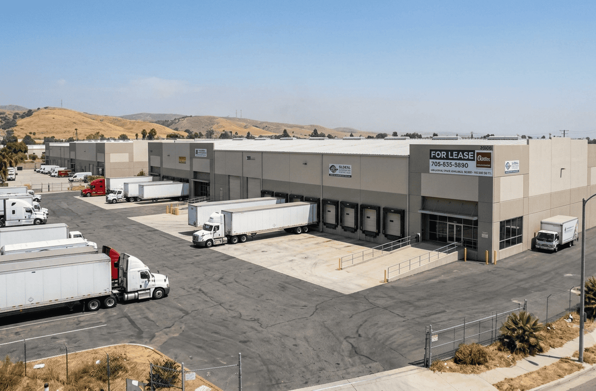 Industrial warehouse buildings in the San Fernando Valley with loading docks and truck court, typical of Los Angeles industrial space for lease