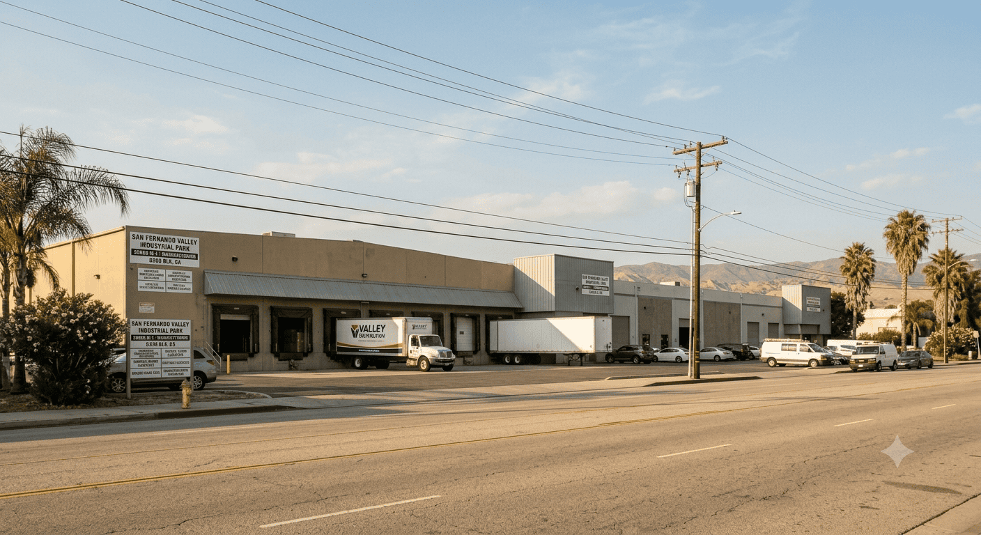 Industrial warehouse buildings in an M-zoned San Fernando Valley industrial park, Los Angeles